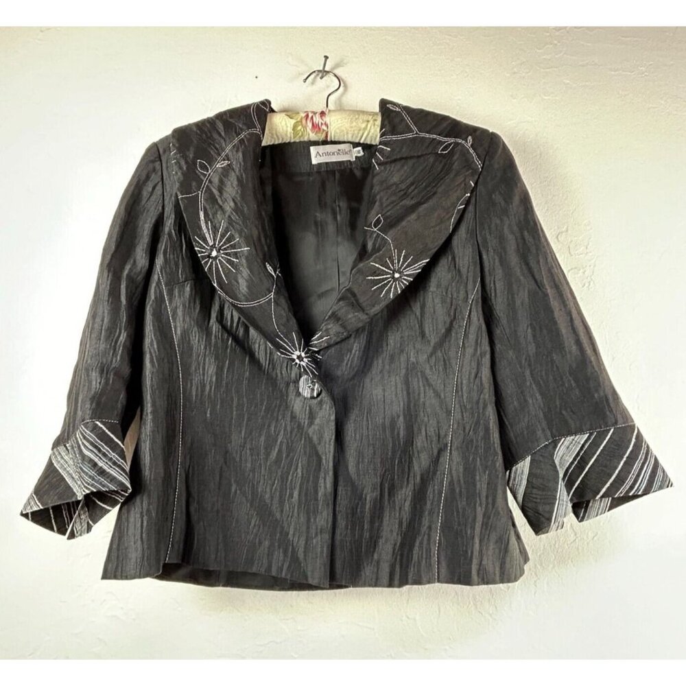 Antonelle Women's 3/4 Sleeve Embroidered Blazer Jacket Linen Blend Size 46 Black